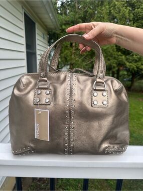 MICHAEL KORS ASTOR METALLIC GOLD LEATHER JEWELED SATCHEL HANDBAG